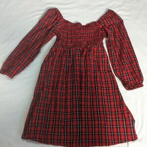 Old Navy Girls LG 10/12 Red  Plaid  Smocked Fit & Flare Lg Sleeve Dress 385